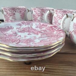 Royal Crown Derby Pink Aves Cup Saucer Coffee Demitasse x 4, 85ml Birds 50s RARE