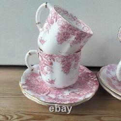 Royal Crown Derby Pink Aves Cup Saucer Coffee Demitasse x 4, 85ml Birds 50s RARE