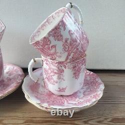 Royal Crown Derby Pink Aves Cup Saucer Coffee Demitasse x 4, 85ml Birds 50s RARE