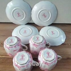 Royal Crown Derby Pink Aves Cup Saucer Coffee Demitasse x 4, 85ml Birds 50s RARE
