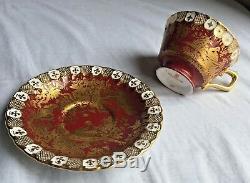Royal Crown Derby Red Gold Aves Teacup Tea Cup Saucer Birds