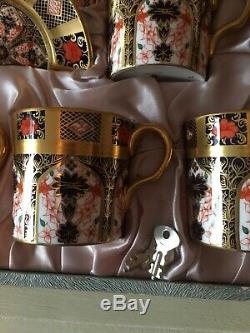Royal Crown Derby Solid Gold Band Old Imari 6 Coffee Cups & Saucers With Case