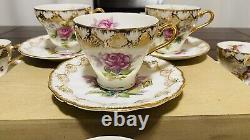 Royal Crown VTG 1592 LOT Of 10 Hand Painted Tea Cups & Saucers Gold Trim Flowers