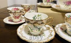 Royal Crown VTG 1592 LOT Of 10 Hand Painted Tea Cups & Saucers Gold Trim Flowers