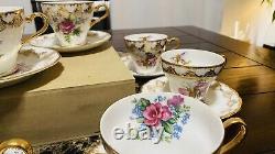 Royal Crown VTG 1592 LOT Of 10 Hand Painted Tea Cups & Saucers Gold Trim Flowers