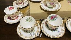 Royal Crown VTG 1592 LOT Of 10 Hand Painted Tea Cups & Saucers Gold Trim Flowers