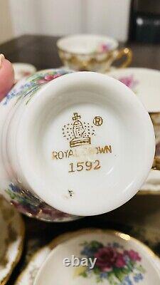 Royal Crown VTG 1592 LOT Of 10 Hand Painted Tea Cups & Saucers Gold Trim Flowers