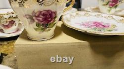 Royal Crown VTG 1592 LOT Of 10 Hand Painted Tea Cups & Saucers Gold Trim Flowers