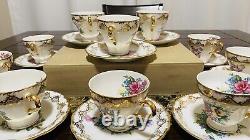 Royal Crown VTG 1592 LOT Of 10 Hand Painted Tea Cups & Saucers Gold Trim Flowers