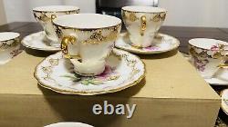 Royal Crown VTG 1592 LOT Of 10 Hand Painted Tea Cups & Saucers Gold Trim Flowers