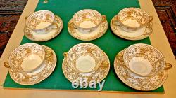 Royal Doulton Raised Gold Encrusted Soup Tea Cup & Saucer 6 Set Shreve And Co