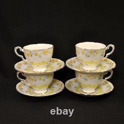 Royal Stafford 4 Footed Cups & Saucers Yellow White Floral withGold 1940-1952 HTF