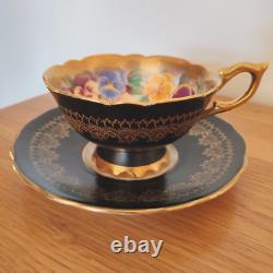 Royal Stafford Antique Tea Cup & Saucer Bone China Black Gold Pansy Garland