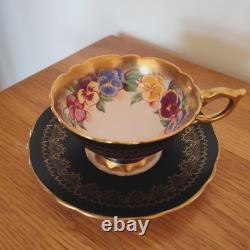 Royal Stafford Antique Tea Cup & Saucer Bone China Black Gold Pansy Garland