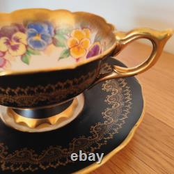 Royal Stafford Antique Tea Cup & Saucer Bone China Black Gold Pansy Garland