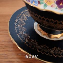 Royal Stafford Antique Tea Cup & Saucer Bone China Black Gold Pansy Garland