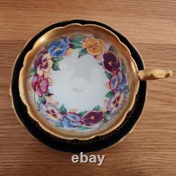 Royal Stafford Antique Tea Cup & Saucer Bone China Black Gold Pansy Garland