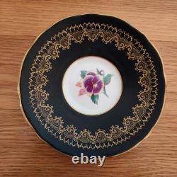 Royal Stafford Antique Tea Cup & Saucer Bone China Black Gold Pansy Garland