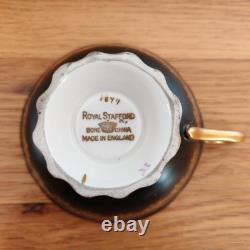 Royal Stafford Antique Tea Cup & Saucer Bone China Black Gold Pansy Garland