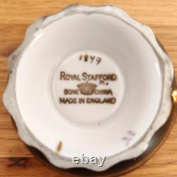 Royal Stafford Antique Tea Cup & Saucer Bone China Black Gold Pansy Garland