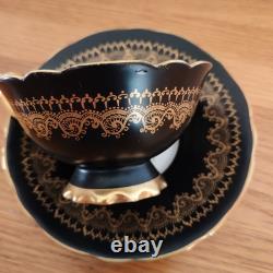 Royal Stafford Antique Tea Cup & Saucer Bone China Black Gold Pansy Garland
