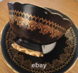 Royal Stafford Antique Tea Cup & Saucer Bone China Black Gold Pansy Garland