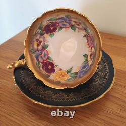 Royal Stafford Antique Tea Cup & Saucer Bone China Black Gold Pansy Garland