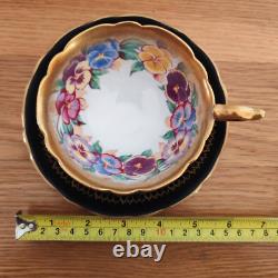 Royal Stafford Antique Tea Cup & Saucer Bone China Black Gold Pansy Garland