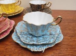 Royal Stuart Bone China Set of x6 Tea Trios Harlequin Gold Rose Lace