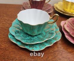 Royal Stuart Bone China Set of x6 Tea Trios Harlequin Gold Rose Lace