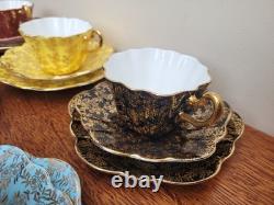 Royal Stuart Bone China Set of x6 Tea Trios Harlequin Gold Rose Lace