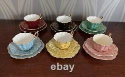Royal Stuart Spencer Stevenson Harlequin Full Tea Set x6 Trios Gold Floral Trim