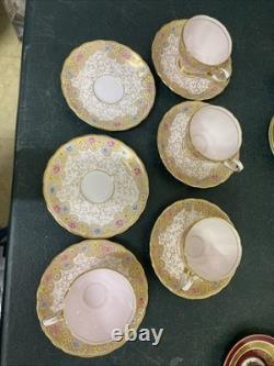 Royal Tuscan Bone China 4 Tea Cups & 6 Saucers- Floral, Pink, Blue, Gold Gilt