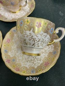 Royal Tuscan Bone China 4 Tea Cups & 6 Saucers- Floral, Pink, Blue, Gold Gilt