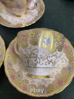 Royal Tuscan Bone China 4 Tea Cups & 6 Saucers- Floral, Pink, Blue, Gold Gilt