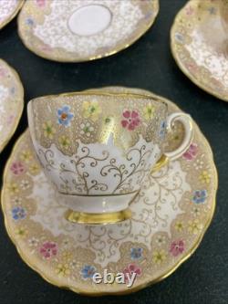 Royal Tuscan Bone China 4 Tea Cups & 6 Saucers- Floral, Pink, Blue, Gold Gilt