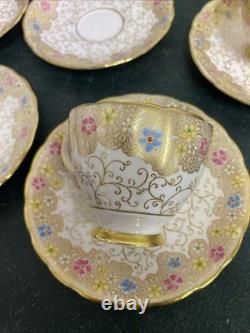 Royal Tuscan Bone China 4 Tea Cups & 6 Saucers- Floral, Pink, Blue, Gold Gilt