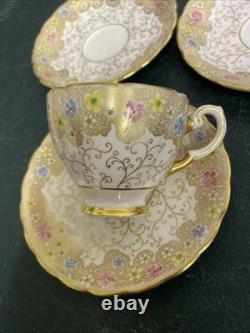 Royal Tuscan Bone China 4 Tea Cups & 6 Saucers- Floral, Pink, Blue, Gold Gilt