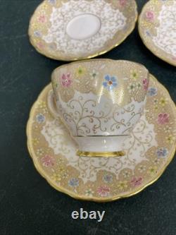 Royal Tuscan Bone China 4 Tea Cups & 6 Saucers- Floral, Pink, Blue, Gold Gilt