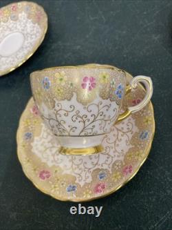 Royal Tuscan Bone China 4 Tea Cups & 6 Saucers- Floral, Pink, Blue, Gold Gilt