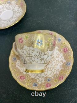 Royal Tuscan Bone China 4 Tea Cups & 6 Saucers- Floral, Pink, Blue, Gold Gilt