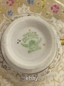 Royal Tuscan Bone China 4 Tea Cups & 6 Saucers- Floral, Pink, Blue, Gold Gilt
