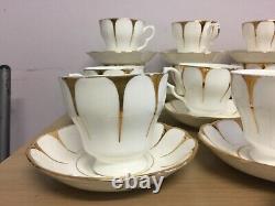 Royal Vale Bone China white gold Art deco daisy strike 11 Tea Cups &12 Saucers