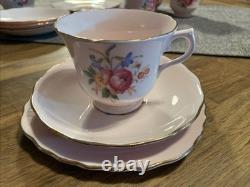 Royal Vale Vintage Tea Cup & Saucer Set 14 Items Pink Flowers Gold Rim