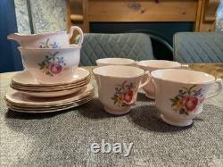 Royal Vale Vintage Tea Cup & Saucer Set 14 Items Pink Flowers Gold Rim