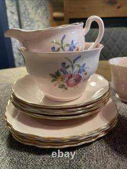Royal Vale Vintage Tea Cup & Saucer Set 14 Items Pink Flowers Gold Rim