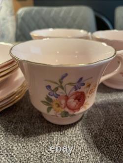 Royal Vale Vintage Tea Cup & Saucer Set 14 Items Pink Flowers Gold Rim