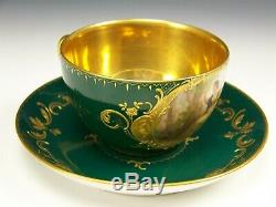 Royal Vienna Hand Painted Cupid Maiden Erinnerung Green Raised Gold Cup Saucer
