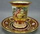 Royal Vienna Style Hand Painted Artemis Red & Beaded Gold Chocolate Cup & Saucer