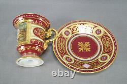 Royal Vienna Style Hand Painted Artemis Red & Beaded Gold Chocolate Cup & Saucer